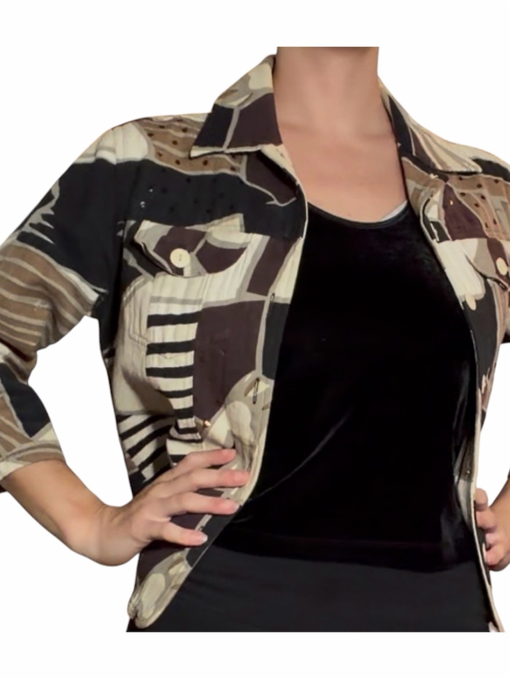 Abstract Pattern Jean Jacket in Black & Brown